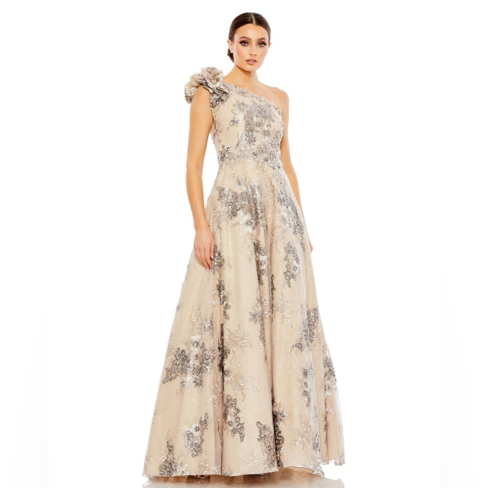 Mac Duggal Champagne One-Shoulder Embroidered Ball Gown